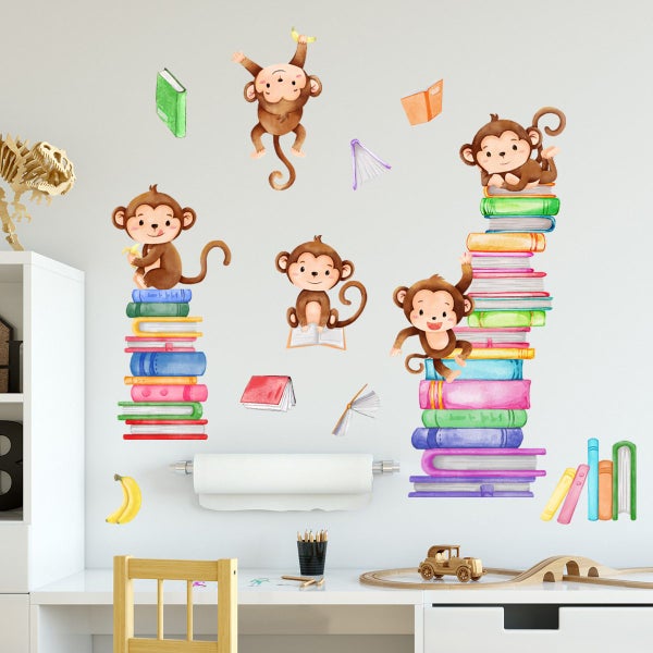 2pcs Cartoon Animal Monkey Book Wall Sticker Living Room Bedroom Carousel 2