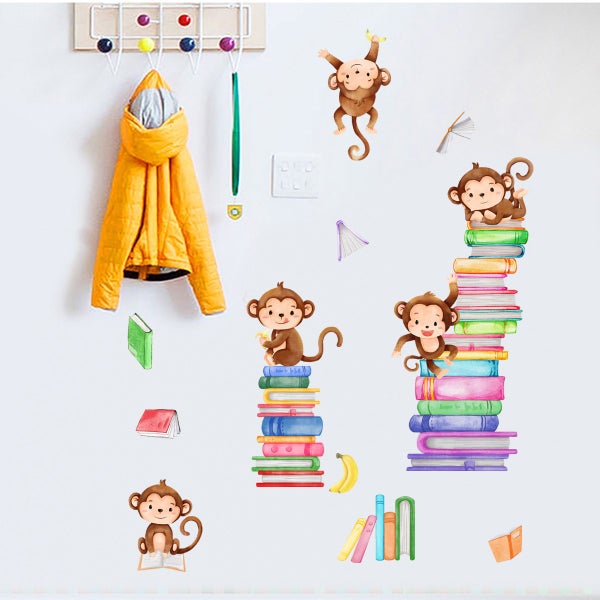2pcs Cartoon Animal Monkey Book Wall Sticker Living Room Bedroom Carousel 4