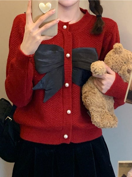 XFPV Sweet Color Contrast Bow Metal Button Sweater Women Leisure Carousel 1