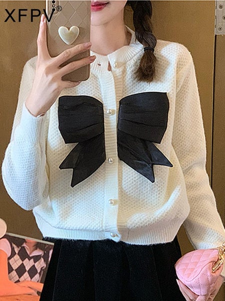 XFPV Sweet Color Contrast Bow Metal Button Sweater Women Leisure Carousel 2