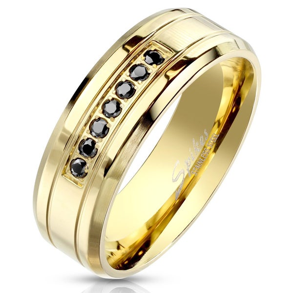 7 Black CZ with Double Grooved Lines Gold IP Stainless Steel Ring Carousel 1