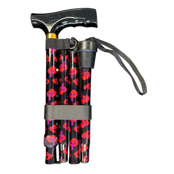 Folding T Handle Cane - Red Hat Pattern Lightweight Walking Stick Carousel 1