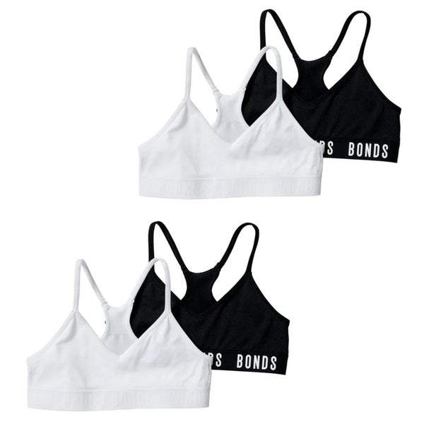 4x Bonds Sports Seamless Racer Back Crop Top Girls Black White Bras UXNK2A Bulk Carousel 1