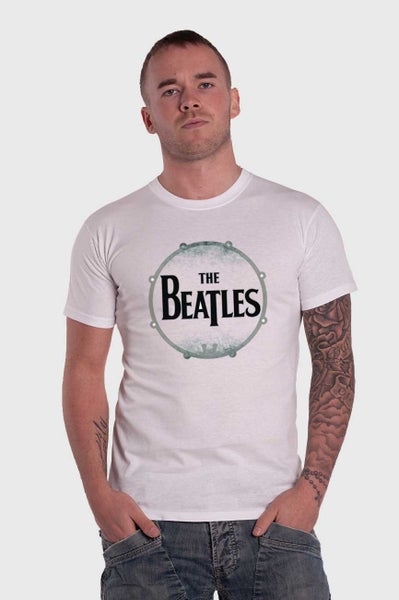 The Beatles T Shirt Drumskin Band logo distressed Official Mens New White Carousel 5