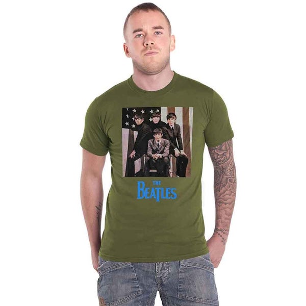 The Beatles T Shirt US Flag Photo Band logo new Official Unisex Green Carousel 1