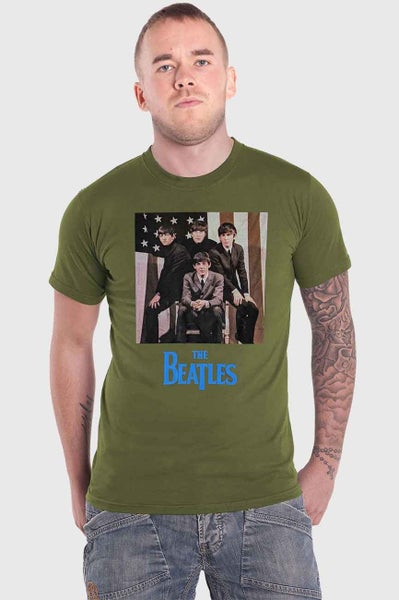 The Beatles T Shirt US Flag Photo Band logo new Official Unisex Green Carousel 5