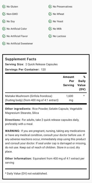 CLEARANCE! MAITAKE MUSHROOM 800 MG 240 CAPS - IMMUNE & ANTI AGING - E1225 Carousel 3