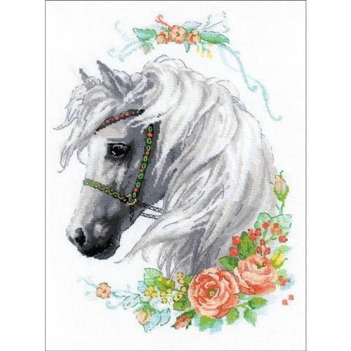 Riolis Counted Cross Stitch Kit - 11.75"X17.75" - White Mane & Roses Carousel 1