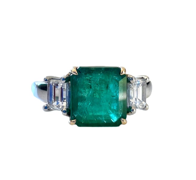 Platinum and 18K Gold 2.50ctw Emerald and Diamond 3 Stone Engagement Ring Carousel 2