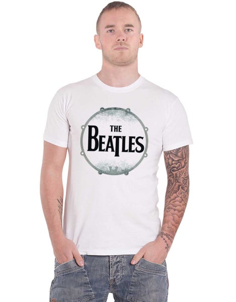 The Beatles T Shirt Drumskin Band logo distressed Official Mens New White Carousel 1