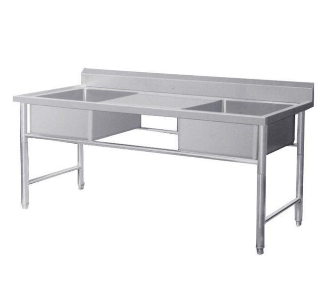 Stainless Steel Commercial Kitchen Worktop 2 Sink (L+R) Bench & Splashback 180cm Carousel 1