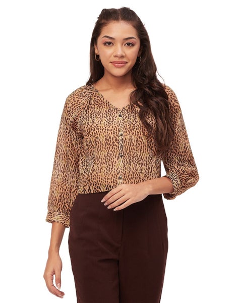 Moomaya Printed V-Neck Tops For Women, 3/4Th Sleeve Sheer Summer Tunic Carousel 1