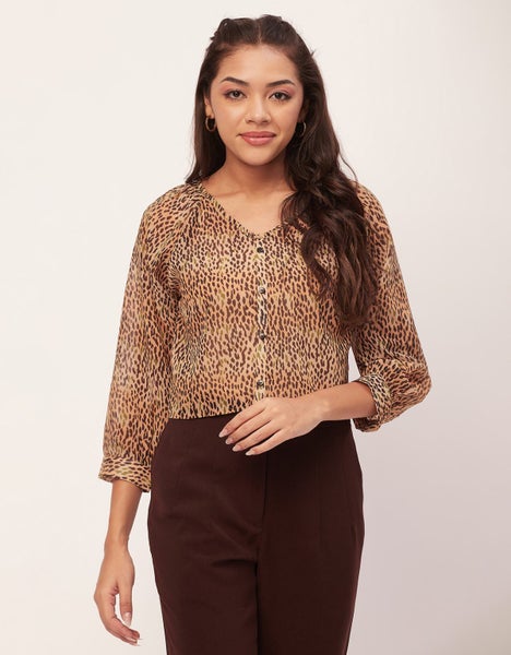 Moomaya Printed V-Neck Tops For Women, 3/4Th Sleeve Sheer Summer Tunic Carousel 2