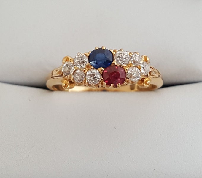 Gorgeous 18 CT 1898 0.60 CT Old Cut VS Diamond & 0.50 Ct Ruby & Sapphire Ring Carousel 1