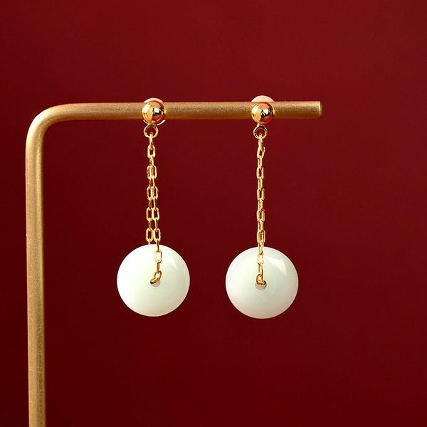 *$1 res* Retro Ethnic Enamel Round Earrings w Light-green Stone in Gold Chain Carousel 1