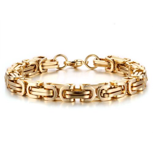 Men's Titanium Steel Byzantine Link Chain Bracelet in 18K Gold - SALE! Carousel 1
