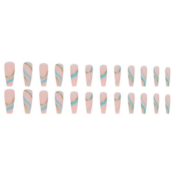 Golden Thread Wavy Pattern Long Fake Nails - Gold Printed Frosted Manicure Carousel 1