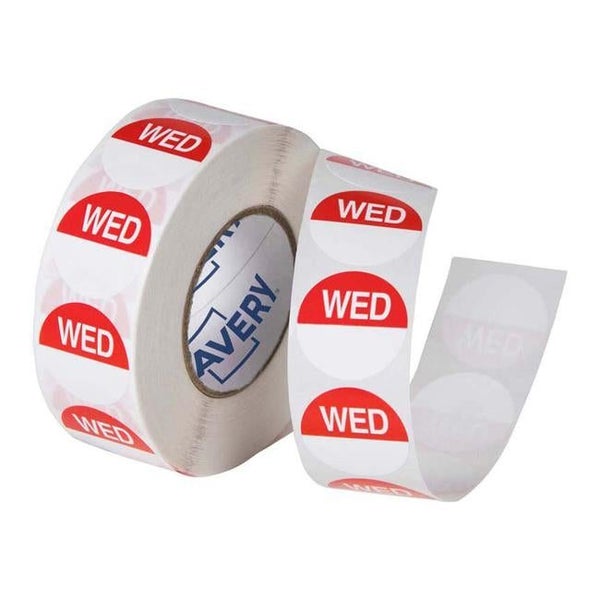Avery Labels Wednesday Round Day 24mm Red White 1000 Roll Carousel 1