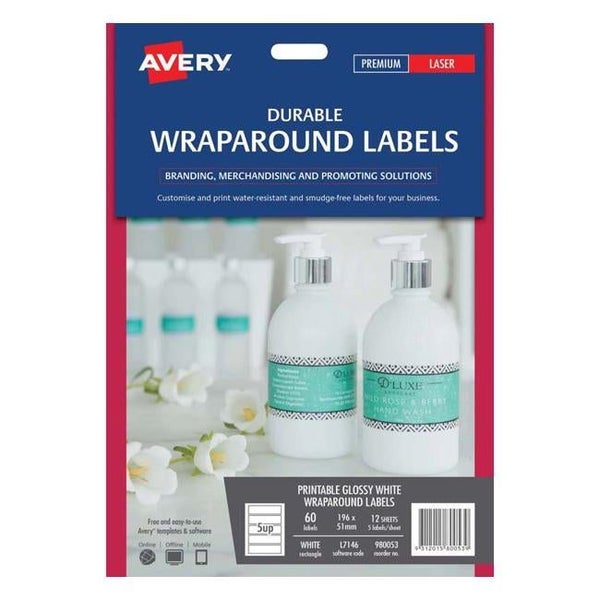 Avery Label L7146 Wrapround White Durable 5 Up 12 Sheets Laser 196x51mm Carousel 1