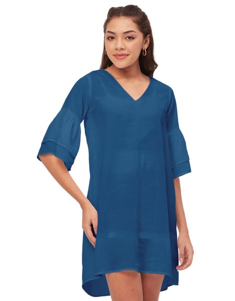 Moomaya Shift Dresses For Women, Tiered Bell Sleeves, V-Neck Short Solid Color Carousel 1