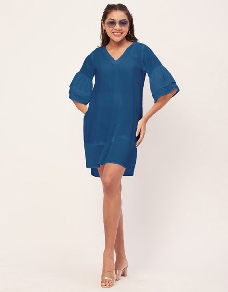 Moomaya Shift Dresses For Women, Tiered Bell Sleeves, V-Neck Short Solid Color Carousel 9
