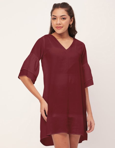 Moomaya Shift Dresses For Women, Tiered Bell Sleeves, V-Neck Short Solid Color Carousel 2