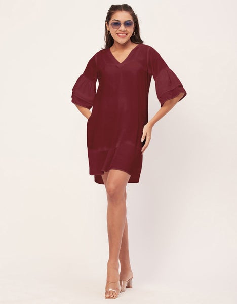 Moomaya Shift Dresses For Women, Tiered Bell Sleeves, V-Neck Short Solid Color Carousel 9