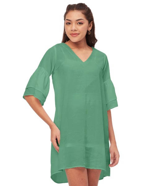 Moomaya Shift Dresses For Women, Tiered Bell Sleeves, V-Neck Short Solid Color Carousel 1