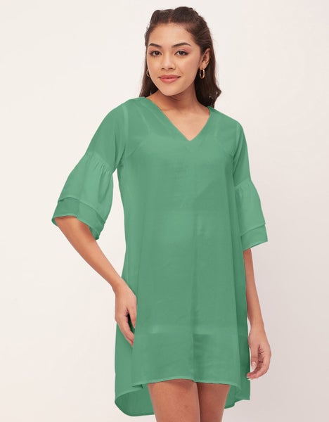 Moomaya Shift Dresses For Women, Tiered Bell Sleeves, V-Neck Short Solid Color Carousel 2