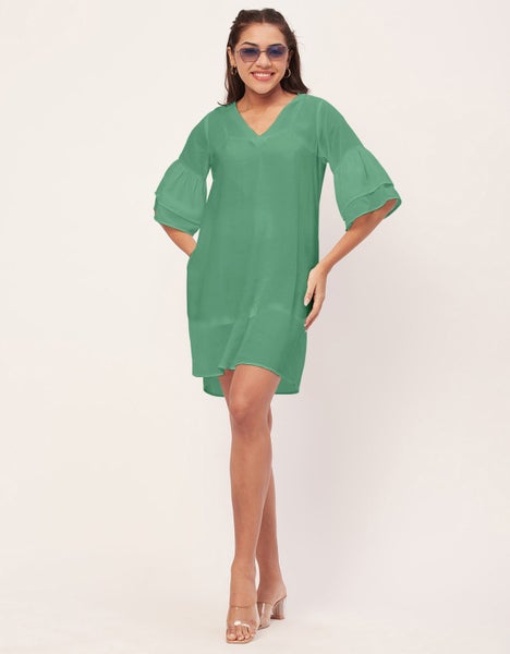 Moomaya Shift Dresses For Women, Tiered Bell Sleeves, V-Neck Short Solid Color Carousel 9