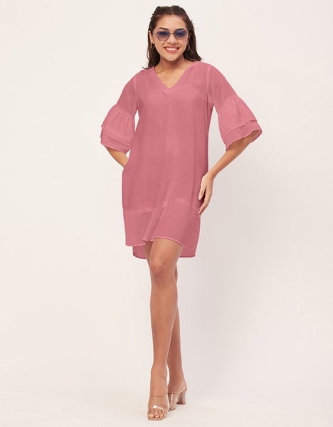 Moomaya Shift Dresses For Women, Tiered Bell Sleeves, V-Neck Short Solid Color Carousel 9
