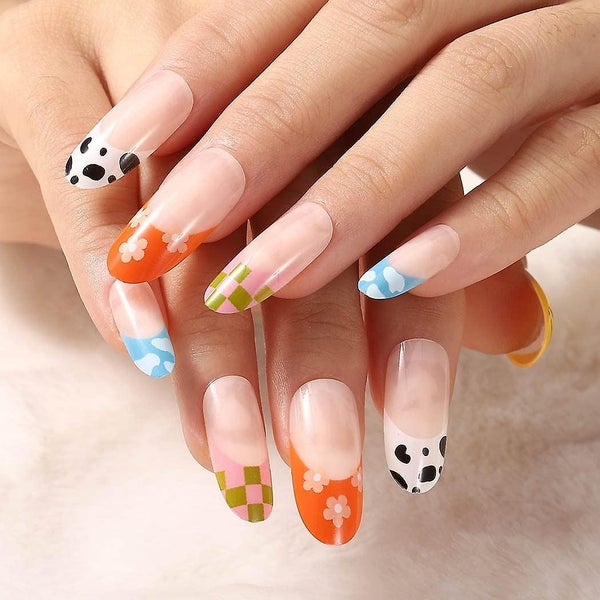 Glossy Colorful Fake Nails Almond Medium Cow Press On Nails Designed Rainbow Pre Carousel 2