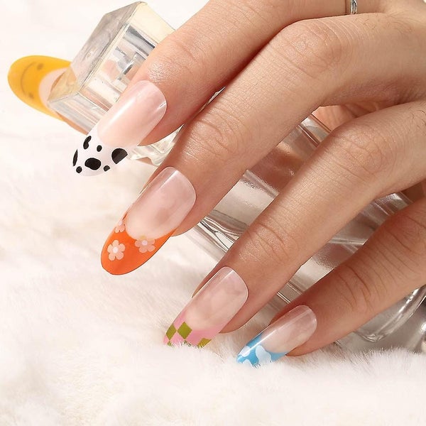Glossy Colorful Fake Nails Almond Medium Cow Press On Nails Designed Rainbow Pre Carousel 4