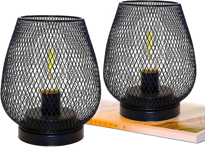 2 Metal Cage Table Lamps - Battery Powered Cordless Accent Light with LED Edison Carousel 1