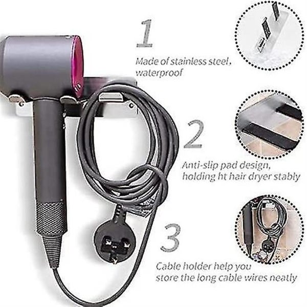 Stainless Steel Hair Dryer Holder - Waterproof Adhesive Wall Mount Rack Carousel 5