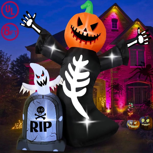 8FT Halloween Inflatable Pumpkin LED Light Skeleton Tombstone Festival 2.4m Carousel 1