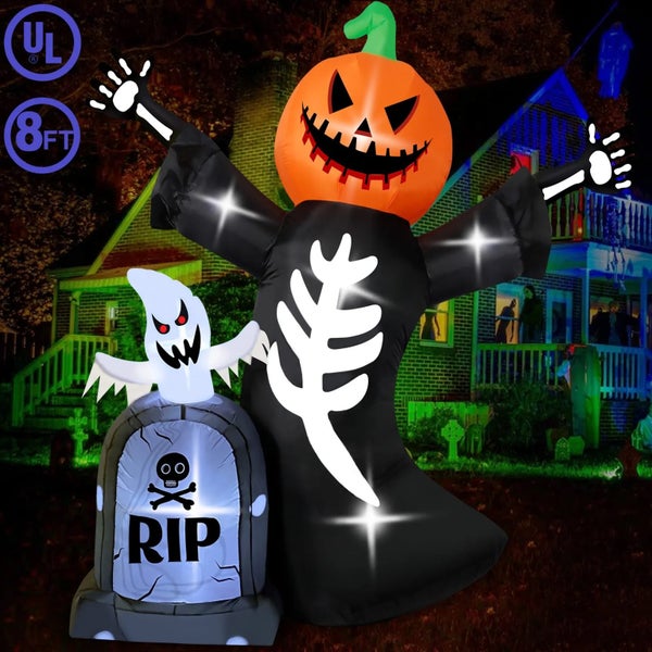 8FT Halloween Inflatable Pumpkin LED Light Skeleton Tombstone Festival 2.4m Carousel 2