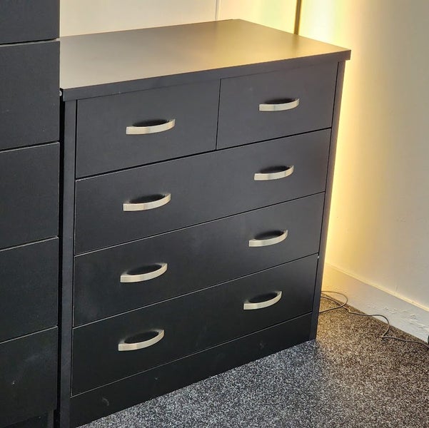 Low Boy 3+2 Drawer & (2x) Gary Bedside Table Combo Black Carousel 2
