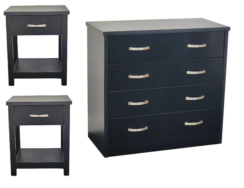 Low Boy 3+2 Drawer & (2x) Gary Bedside Table Combo Black Carousel 1