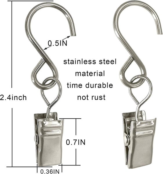 Stainless Steel S Hooks Curtain Clips, 50 Pack Hanging Party Lights Clips, Hange Carousel 2