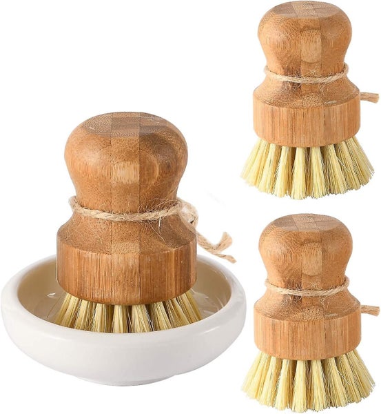 Bamboo Dish Scrub Brushes, Kitchen Wooden Cleaning Scrubbers Set For Washing Cas Carousel 1