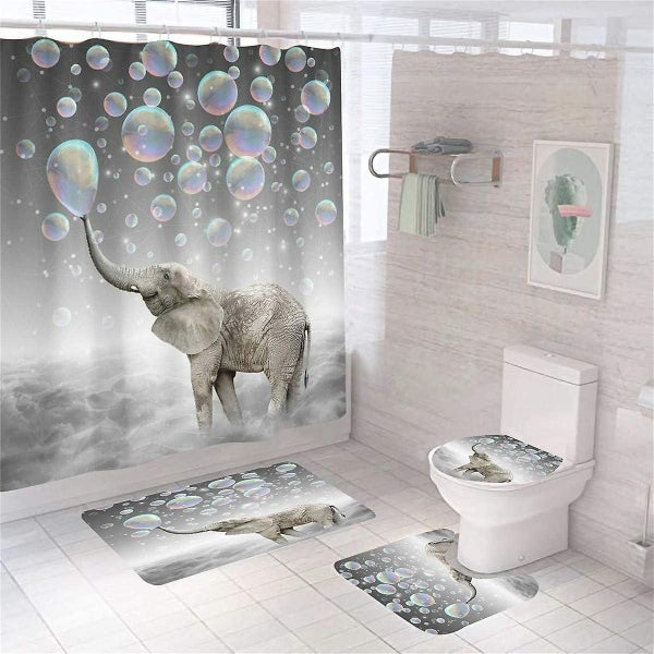 Funny Elephant Shower Curtain Set Elephant Blowing Bubbles Shower Curtains With Carousel 1