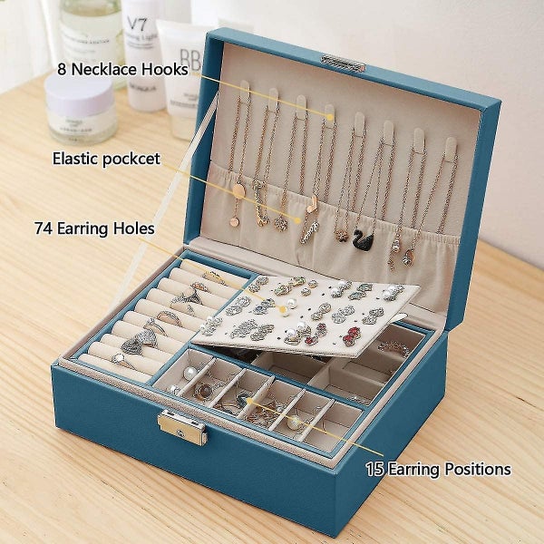 Jewelry Box For Women, Travel Lockable Leather Jewelry Box 2 Layers Jewelery Org Carousel 1