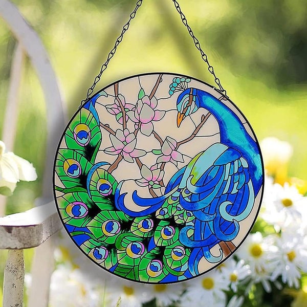 Garden Peacock Hand-painted Wall And Window Decoration Pendant With Chain Round Carousel 5