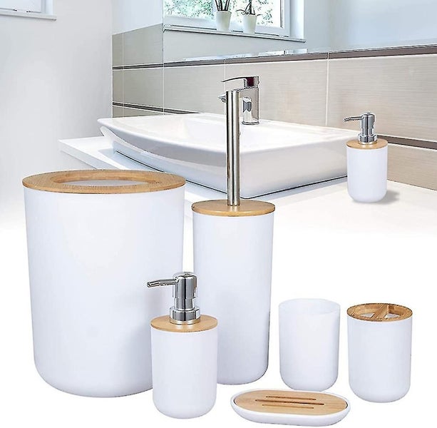 Set of 6 Eco-friendly Bamboo Bathroom Accessories - Lotion Dispenser, Trash Can, Carousel 1