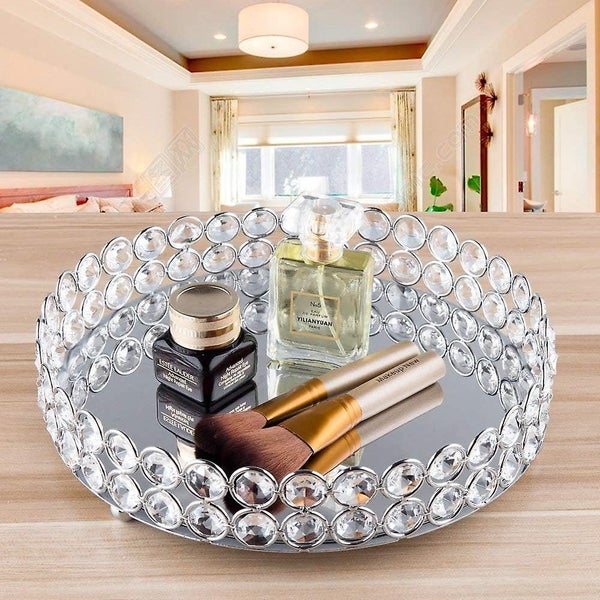 Decorative Storage Tray For Cosmetic Products In Crystal Beads With Mirror Botto Carousel 1