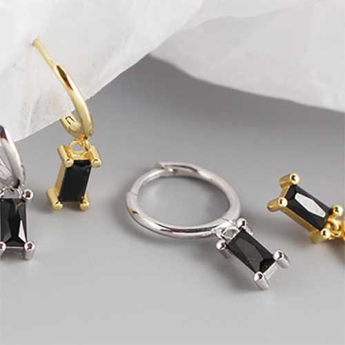 925 Sterling Silver CZ Diamond Huggie Earring "Lucy" (Black) Carousel 2