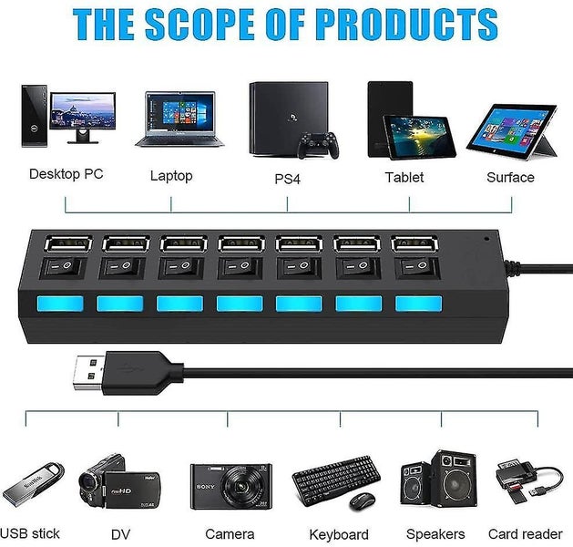 7 Port USB A Hub - High-Speed 7-in-1 USB 2.0 Splitter with Individual On/Off Swi Carousel 2