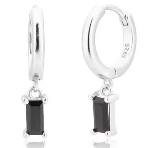 925 Sterling Silver CZ Diamond Huggie Earring "Lucy" (Black) Carousel 1