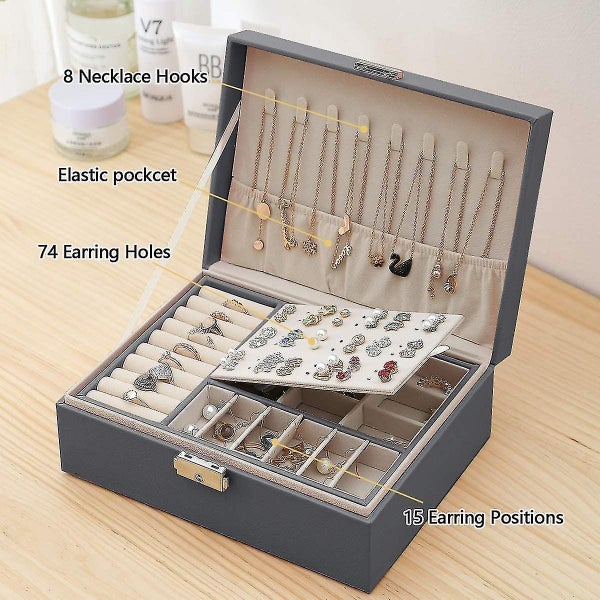 Lockable Leather Jewelry Box - 2 Layers Jewelry Organizer for Women - Small Stor Carousel 2